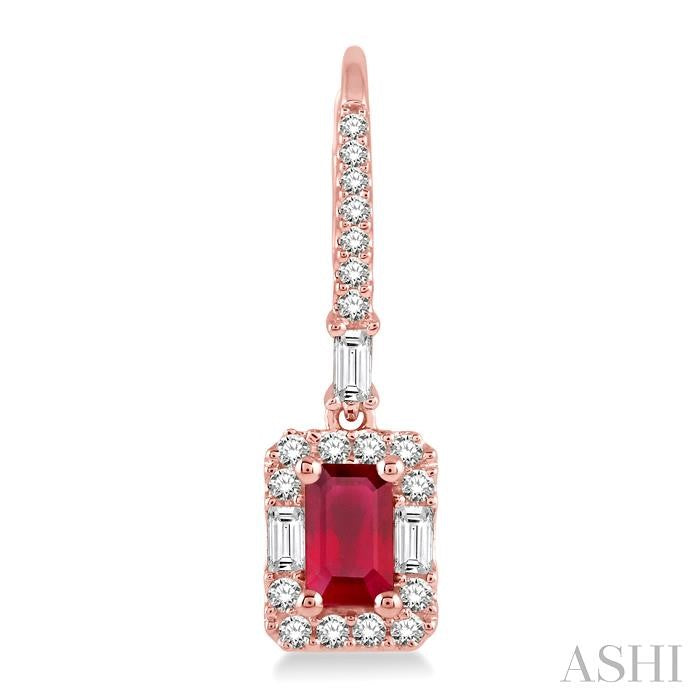 5x3 MM Octagon Cut Ruby and 1/2 Ctw Round Cut Diamond Precious Earrings in 14K Rose Gold