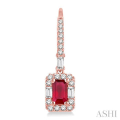 5x3 MM Octagon Cut Ruby and 1/2 Ctw Round Cut Diamond Precious Earrings in 14K Rose Gold