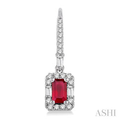 5x3 MM Octagon Cut Ruby and 1/2 Ctw Round Cut Diamond Precious Earrings in 14K White Gold