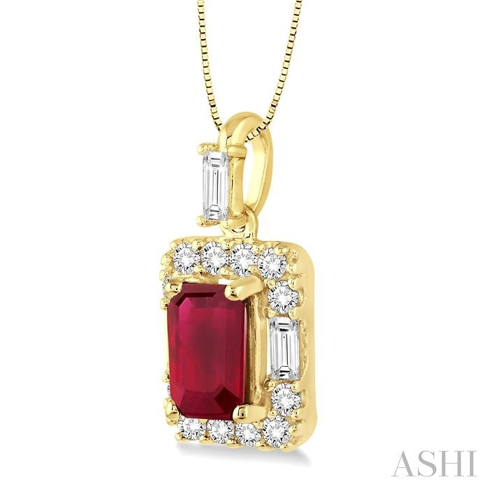 6x4 MM Octagon Cut Ruby and 1/3 Ctw Round Cut Diamond Precious Pendant in 14K Yellow Gold with Chain