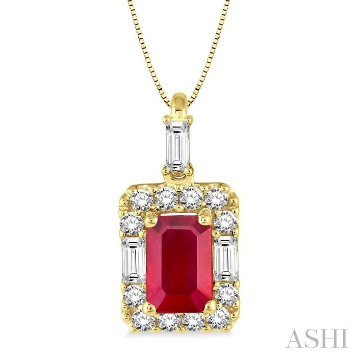 6x4 MM Octagon Cut Ruby and 1/3 Ctw Round Cut Diamond Precious Pendant in 14K Yellow Gold with Chain