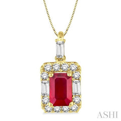 6x4 MM Octagon Cut Ruby and 1/3 Ctw Round Cut Diamond Precious Pendant in 14K Yellow Gold with Chain