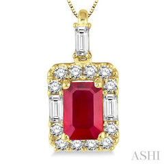 6x4 MM Octagon Cut Ruby and 1/3 Ctw Round Cut Diamond Precious Pendant in 14K Yellow Gold with Chain