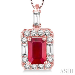 6x4 MM Octagon Cut Ruby and 1/3 Ctw Round Cut Diamond Precious Pendant in 14K Rose Gold with Chain