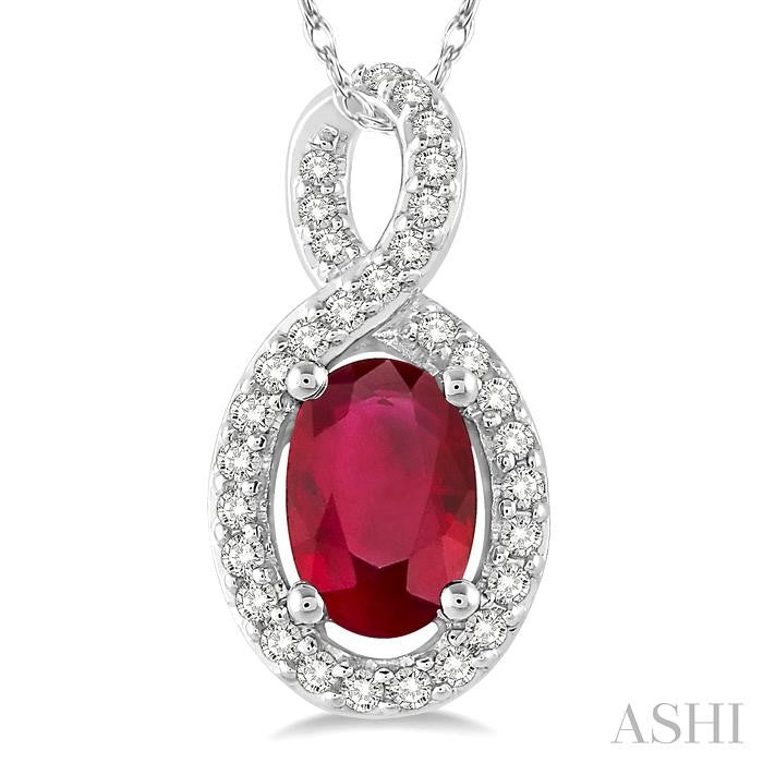 6x4 MM Oval Cut Ruby and 1/10 Ctw Round Cut Diamond Pendant in 14K White Gold with Chain