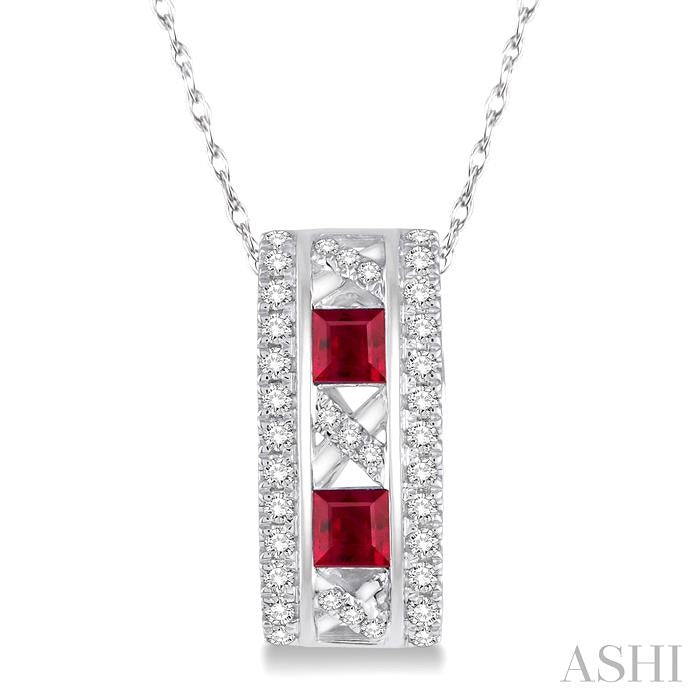 3x3 MM Princess Cut Ruby and 1/5 Ctw Round Cut Diamond Precious Pendant in 14K White Gold with Chain