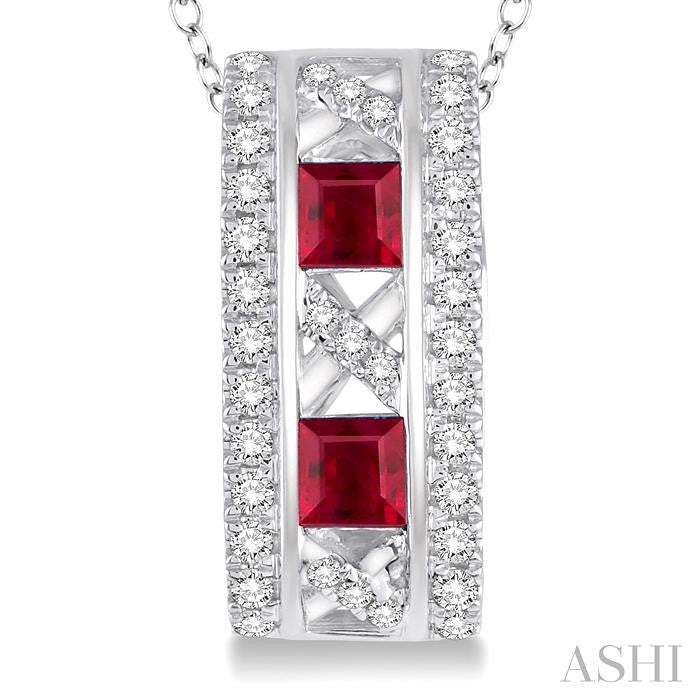 3x3 MM Princess Cut Ruby and 1/5 Ctw Round Cut Diamond Precious Pendant in 14K White Gold with Chain
