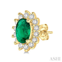 5x3 MM Oval Cut Center Emerald and 1/5 Ctw Round Cut Diamond Sunflower Precious Earrings in 10K Yellow Gold
