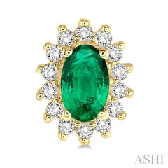 5x3 MM Oval Cut Center Emerald and 1/5 Ctw Round Cut Diamond Sunflower Precious Earrings in 10K Yellow Gold