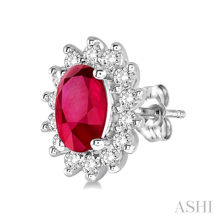 5x3 MM Oval Cut Center Ruby and 1/5 Ctw Round Cut Diamond Sunflower Precious Earrings in 10K White Gold