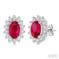 5x3 MM Oval Cut Center Ruby and 1/5 Ctw Round Cut Diamond Sunflower Precious Earrings in 10K White Gold
