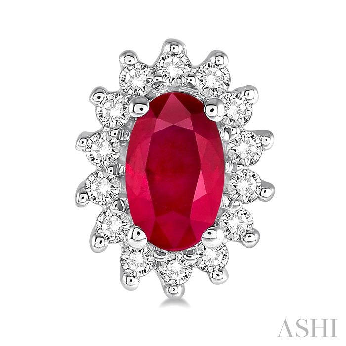 5x3 MM Oval Cut Center Ruby and 1/5 Ctw Round Cut Diamond Sunflower Precious Earrings in 10K White Gold