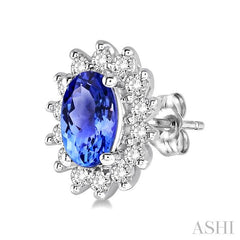 5x3 MM Oval Cut Center Tanzanite and 1/5 Ctw Round Cut Diamond Sunflower Precious Earrings in 10K White Gold