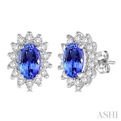5x3 MM Oval Cut Center Tanzanite and 1/5 Ctw Round Cut Diamond Sunflower Precious Earrings in 10K White Gold