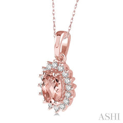 6x4 MM Oval Cut Morganite Center Sunflower and 1/8 Ctw Round Cut Diamond Semi-Precious Pendant in 10K Rose Gold with chain