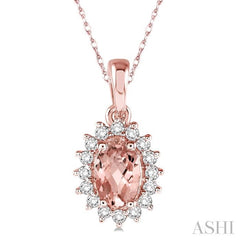 6x4 MM Oval Cut Morganite Center Sunflower and 1/8 Ctw Round Cut Diamond Semi-Precious Pendant in 10K Rose Gold with chain