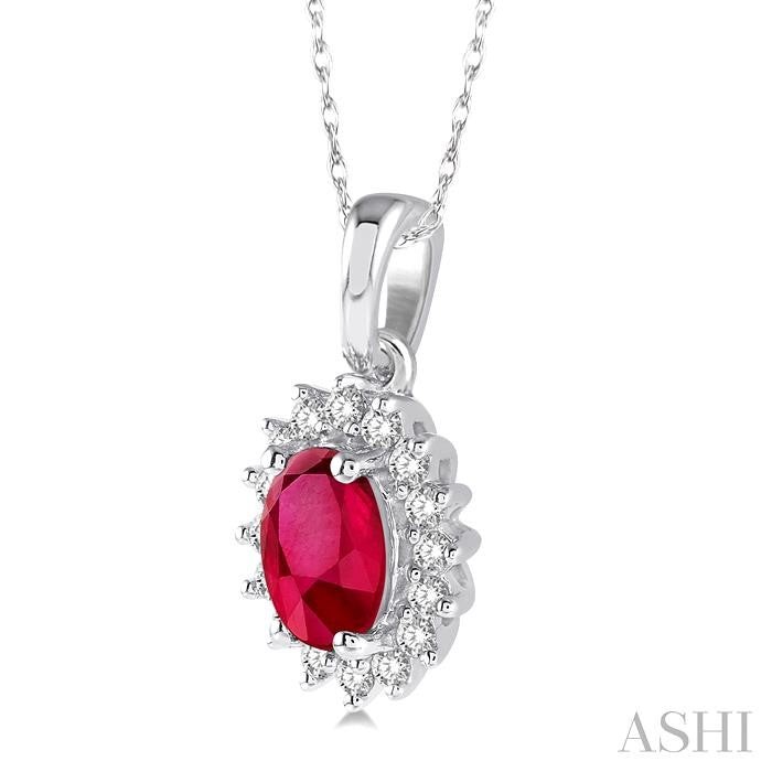 6x4 MM Oval Cut Ruby and 1/8 Ctw Round Cut Diamond Center Sunflower Precious Pendant in 10K White Gold with chain