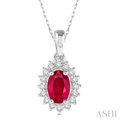 6x4 MM Oval Cut Ruby and 1/8 Ctw Round Cut Diamond Center Sunflower Precious Pendant in 10K White Gold with chain