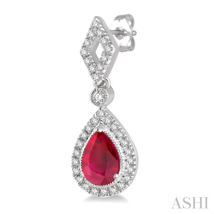 5x3 MM Pear Shape Ruby and 1/5 Ctw Round Cut Diamond Precious Earring in 10K White Gold