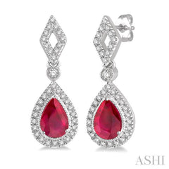 5x3 MM Pear Shape Ruby and 1/5 Ctw Round Cut Diamond Precious Earring in 10K White Gold