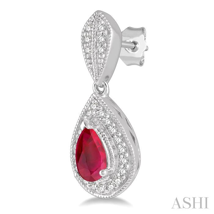 5x3 MM Pear Shape Ruby and 1/6 Ctw Round Cut Diamond Precious Earring in 10K White Gold