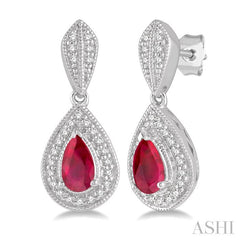 5x3 MM Pear Shape Ruby and 1/6 Ctw Round Cut Diamond Precious Earring in 10K White Gold