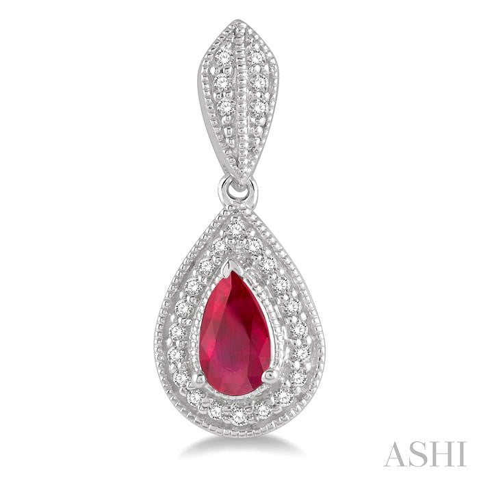 5x3 MM Pear Shape Ruby and 1/6 Ctw Round Cut Diamond Precious Earring in 10K White Gold