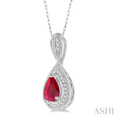 6x4 MM Pear Shape Ruby and 1/10 Ctw Round Cut Diamond Precious Pendant With Chain in 10K White Gold