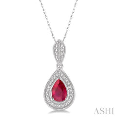 6x4 MM Pear Shape Ruby and 1/10 Ctw Round Cut Diamond Precious Pendant With Chain in 10K White Gold