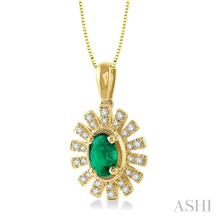 6x4 MM Floral Pattern Oval Cut Emerald and 1/8 Ctw Round Cut Diamond Precious Pendant With Chain in 10K Yellow Gold