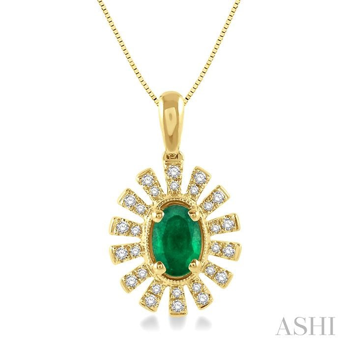 6x4 MM Floral Pattern Oval Cut Emerald and 1/8 Ctw Round Cut Diamond Precious Pendant With Chain in 10K Yellow Gold