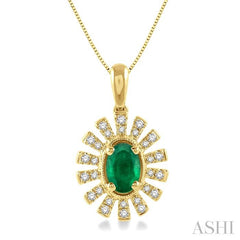 6x4 MM Floral Pattern Oval Cut Emerald and 1/8 Ctw Round Cut Diamond Precious Pendant With Chain in 10K Yellow Gold