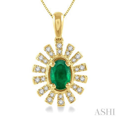 6x4 MM Floral Pattern Oval Cut Emerald and 1/8 Ctw Round Cut Diamond Precious Pendant With Chain in 10K Yellow Gold