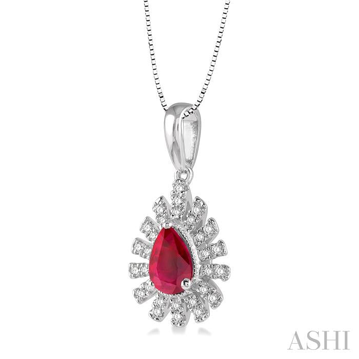 6x4 MM Bar Accent Pear Shape Ruby and 1/8 Ctw Round Cut Diamond Precious Pendant With Chain in 10K White Gold