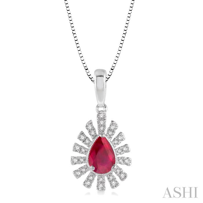 6x4 MM Bar Accent Pear Shape Ruby and 1/8 Ctw Round Cut Diamond Precious Pendant With Chain in 10K White Gold