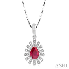 6x4 MM Bar Accent Pear Shape Ruby and 1/8 Ctw Round Cut Diamond Precious Pendant With Chain in 10K White Gold