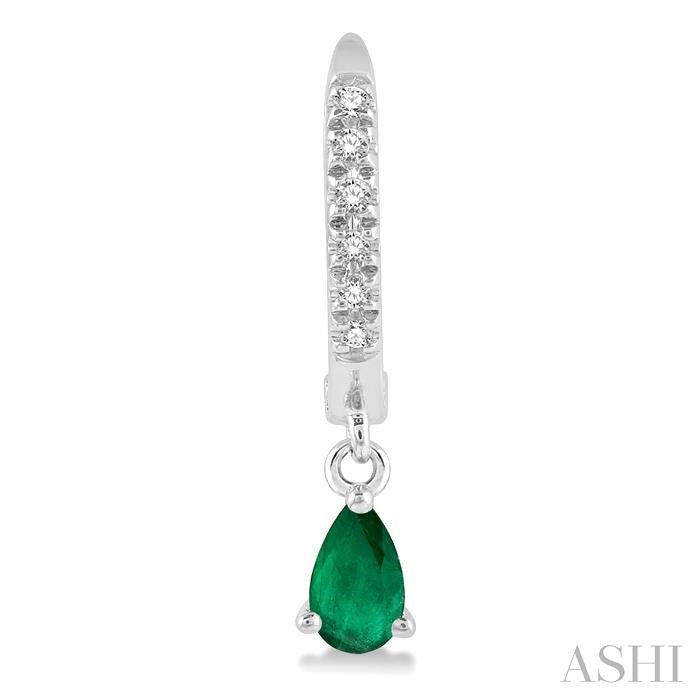 5x3 MM Pear Cut Emerald and 1/8 Ctw Round Cut Diamond Petite Fashion Huggie Earrings in 10K White Gold