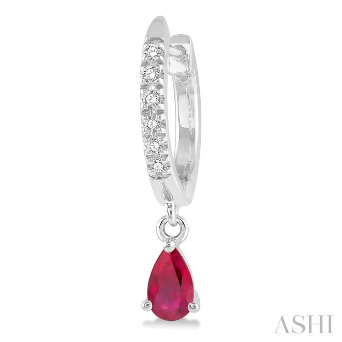 5x3 MM Pear Shape Ruby and 1/8 Ctw Round Cut Diamond Petite Fashion Huggie Earrings in 10K White Gold