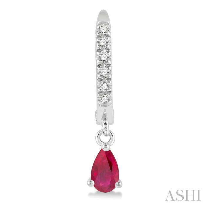 5x3 MM Pear Shape Ruby and 1/8 Ctw Round Cut Diamond Petite Fashion Huggie Earrings in 10K White Gold