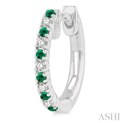 1.35 MM Round Shape Emerald and 1/10 Ctw Petite Round Cut Diamond Precious Fashion Huggies in 10K White Gold