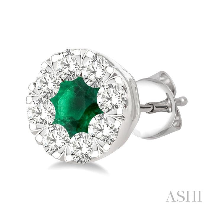 3.3 MM Emerald and 1/2 Ctw Round Cut Diamond Lovebright Precious Stud Earrings in 14K White Gold