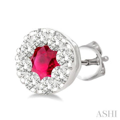 3.3 MM Ruby and 1/2 Ctw Round Cut Diamond Lovebright Precious Stud Earrings in 14K White Gold