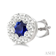 3.3 MM Sapphire and 1/2 Ctw Round Cut Diamond Lovebright Precious Stud Earrings in 14K White Gold