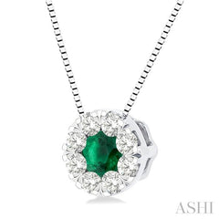 3.8 MM Emerald and 1/3 Ctw Round Cut Lovebright Diamond Precious Pendant With Chain in 14K White Gold