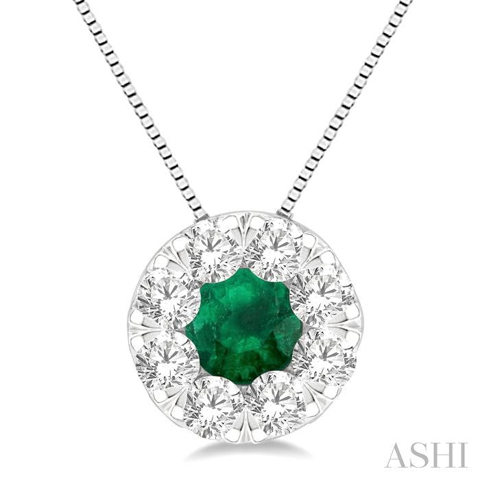 3.8 MM Emerald and 1/3 Ctw Round Cut Lovebright Diamond Precious Pendant With Chain in 14K White Gold