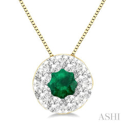 3.8 MM Emerald and 1/3 Ctw Round Cut Lovebright Diamond Precious Pendant With Chain in 14K Yellow and White Gold