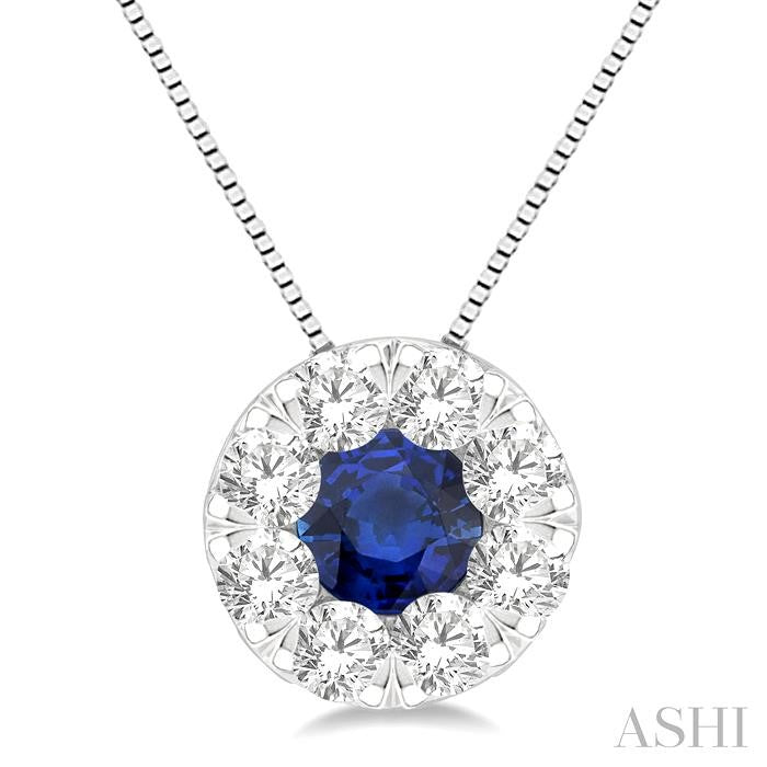 3.8 MM Sapphire and 1/3 Ctw Round Cut Lovebright Diamond Precious Pendant With Chain in 14K White Gold