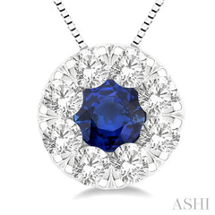 3.8 MM Sapphire and 1/3 Ctw Round Cut Lovebright Diamond Precious Pendant With Chain in 14K White Gold