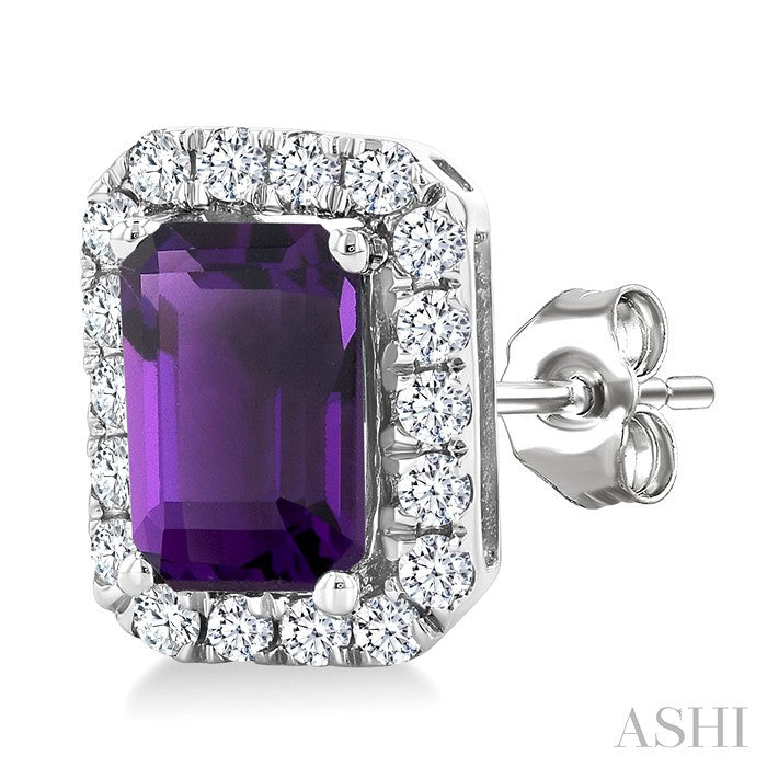 6x4 MM Octagonal Shape Amethyst and 1/4 Ctw Round Cut Diamond Halo Semi-Precious Stud Earrings in 14K White Gold