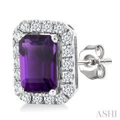 6x4 MM Octagonal Shape Amethyst and 1/4 Ctw Round Cut Diamond Halo Semi-Precious Stud Earrings in 14K White Gold